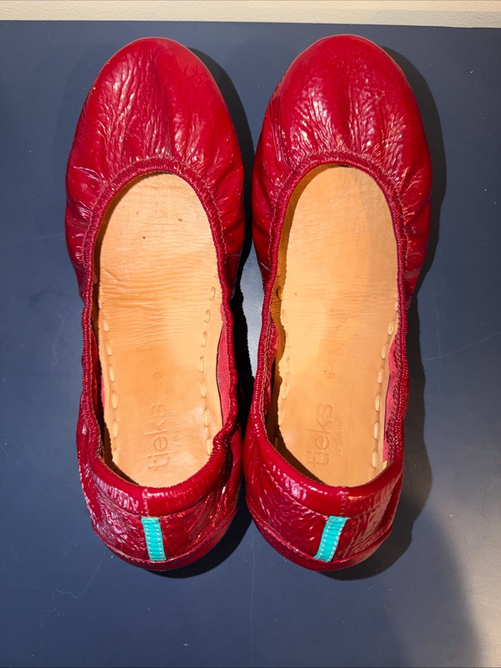 Tieks Ruby Red Patent Leather Ballet Flats with Teal Heel Tab